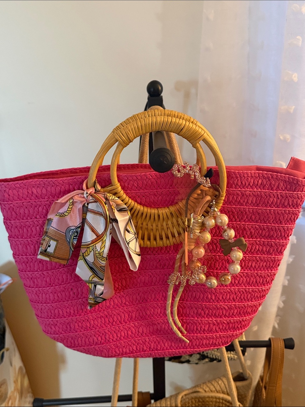 Hot Pink Straw Tote with Wicker Ring Handles and Scarf Accent